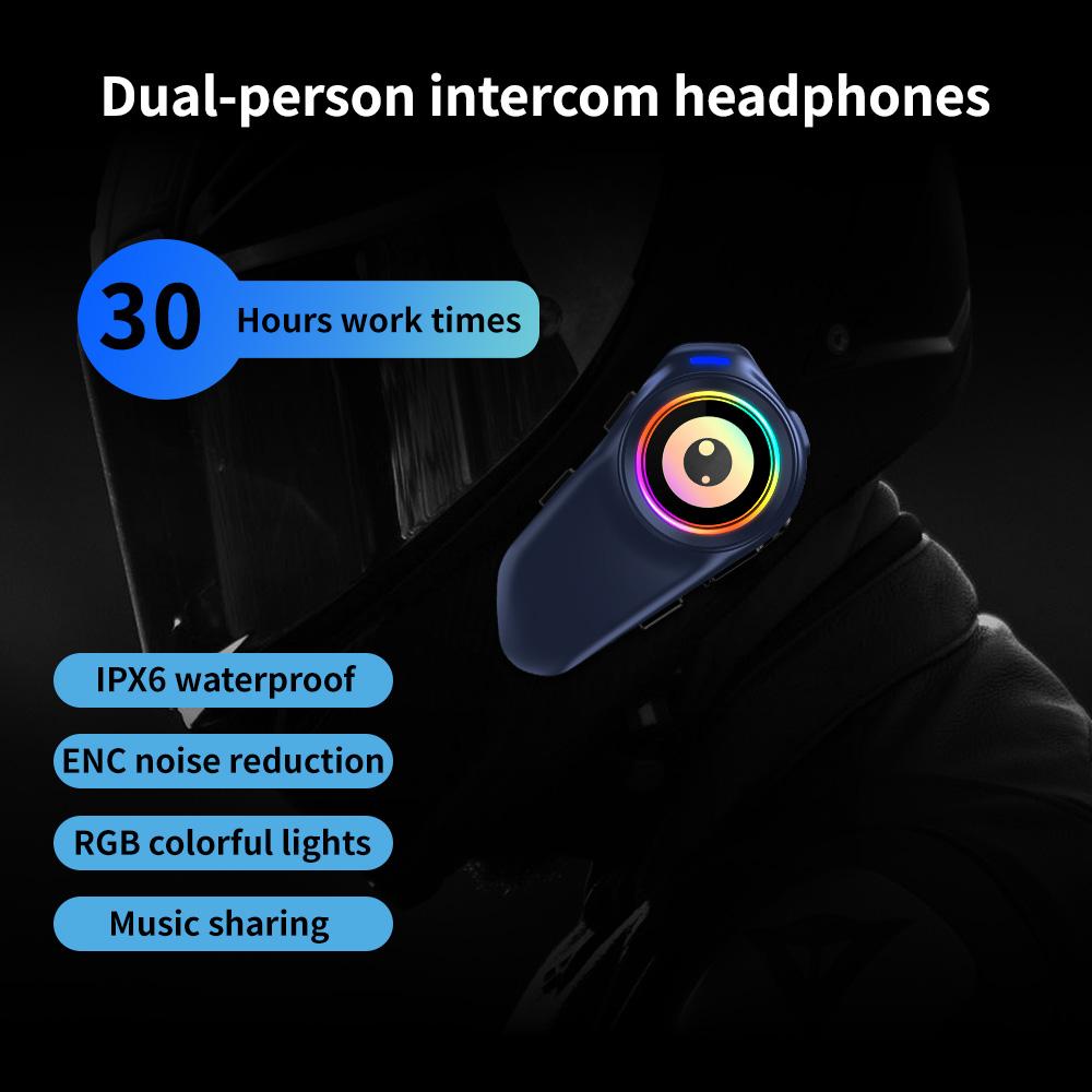 Motorcycle Helmet Bluetooth Intercom with 30H Battery Life and RGB Safety Light