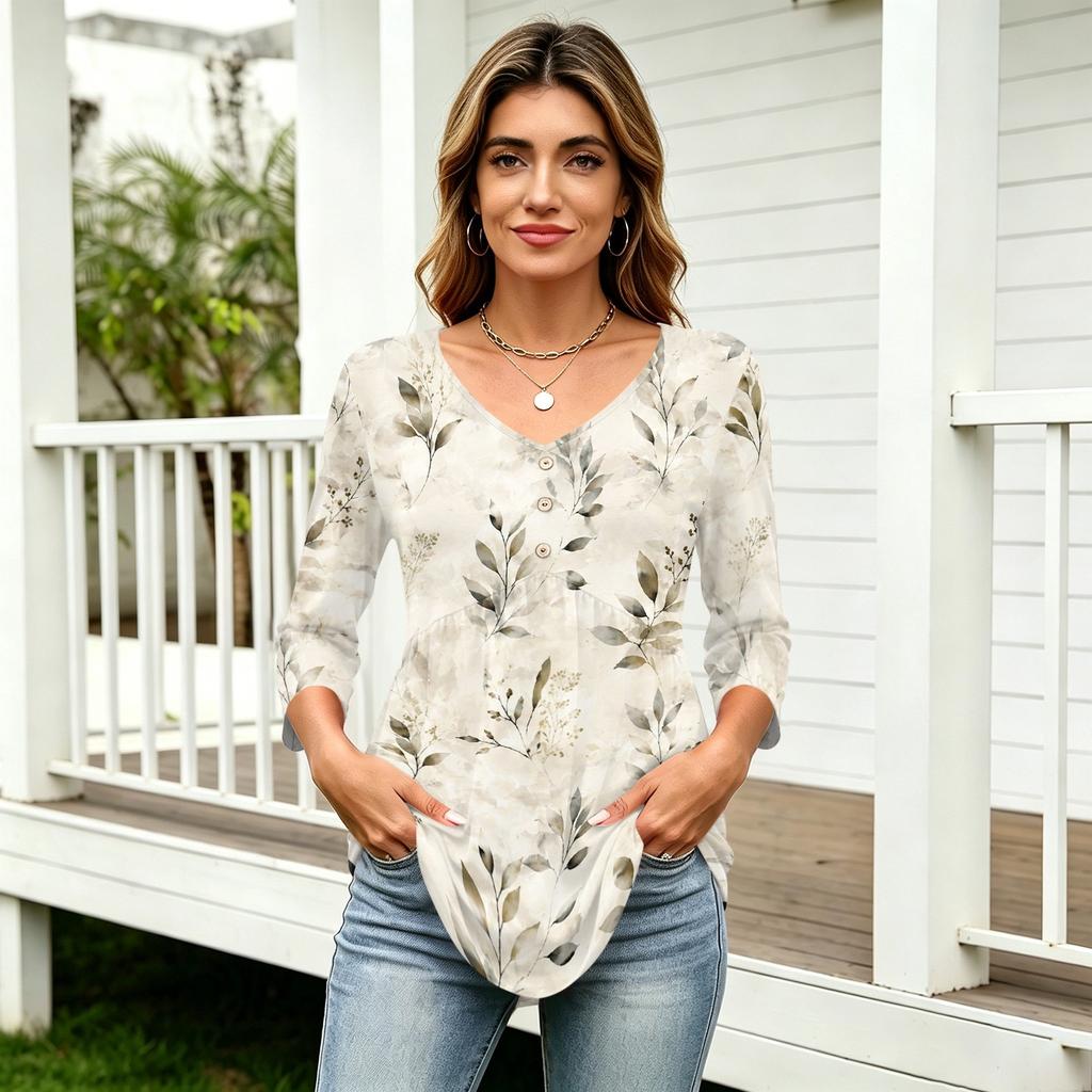 Womens 3/4 Sleeve V Neck Button Detail Floral Print Tunic Top Casual Loose Fit Lightweight Blouse