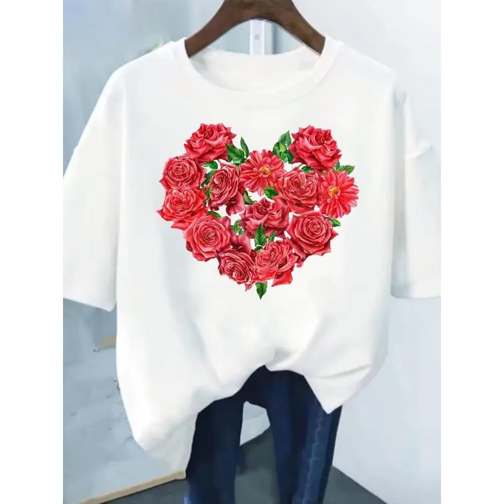 Flower Print Fashion Plant Trend Lovely print ladies T-shirt casual basics O-collar Black shirt short sleeve ladies T-shirts