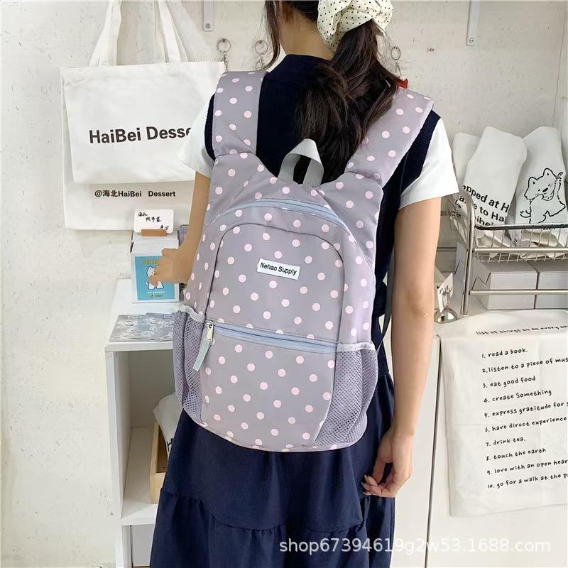 Schoolbag Korean polka dot backpack simple contrasting color lightweight waterproof fabric student schoolbag daily commuting leisure backpack
