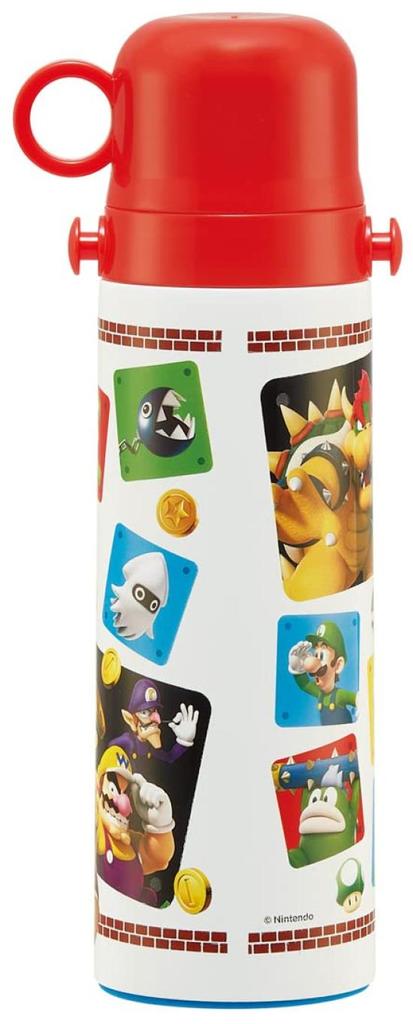 Skater Kids' Stainless Steel Water Bottle, 2-Way Design, 580ml (Direct Drinking) or 570ml (Cup Drinking), Super Mario 23 Design, Kid-Friendly and