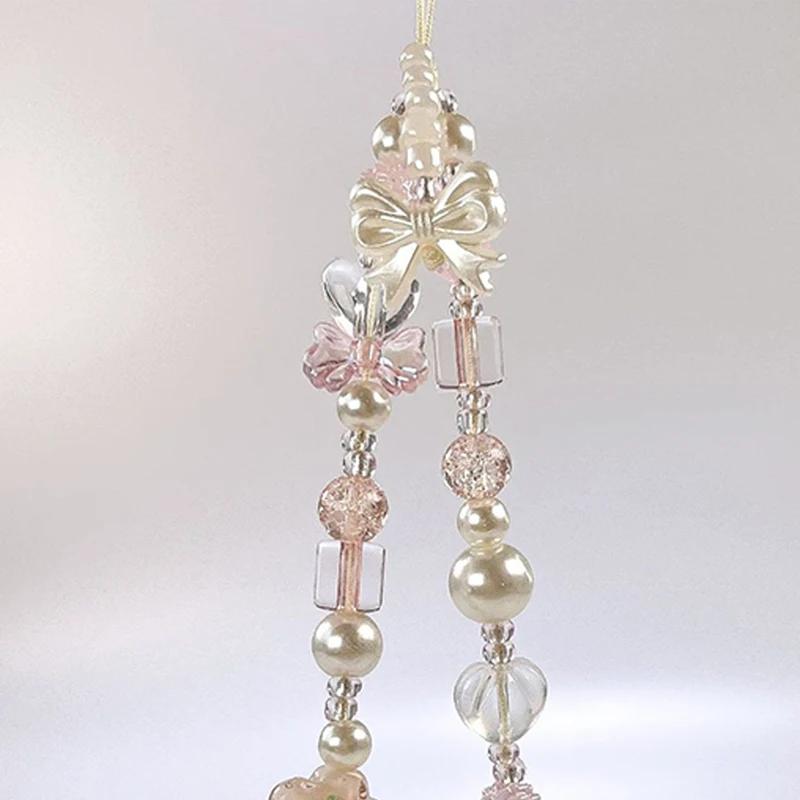 Cute Glass Bowknot Flower Bead Phone Strap Charm Chain Knot Cellphone Lanyard Keychain Girl Bag Camera Pendant for Airpods Case