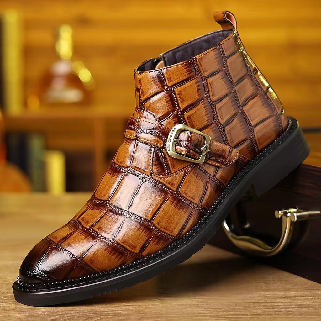 FashionBig Size Stone Pattern Casual Dress Boots for Men Fashion Autumn Winter Belt Buckle Leather Shoes Male Designer Ankle Boots Men