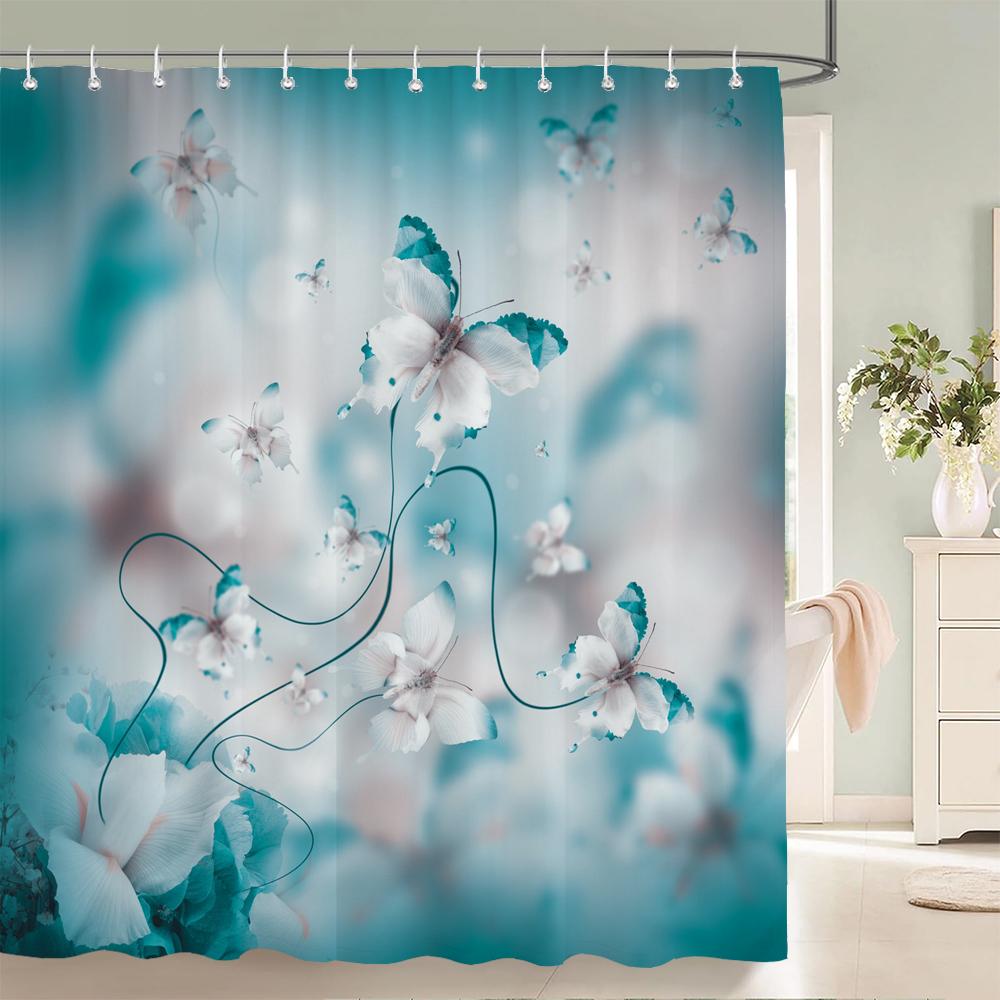 Colorful Flower Butterfly Fabric Shower Curtain Bathroom Curtains with Hooks Waterproof Printing Floral Bath Curtain Home Decor