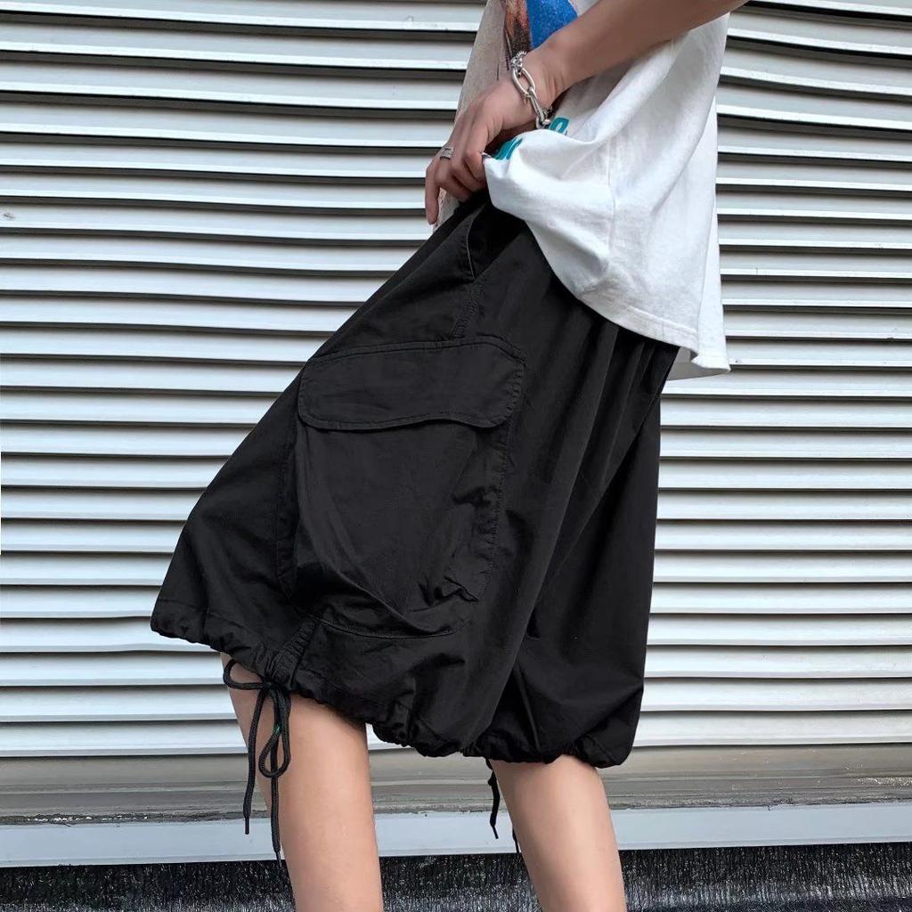 Khaki 7-point Men Summer Thin Japanese Workwear Wide-leg Loose Over-knee Shorts