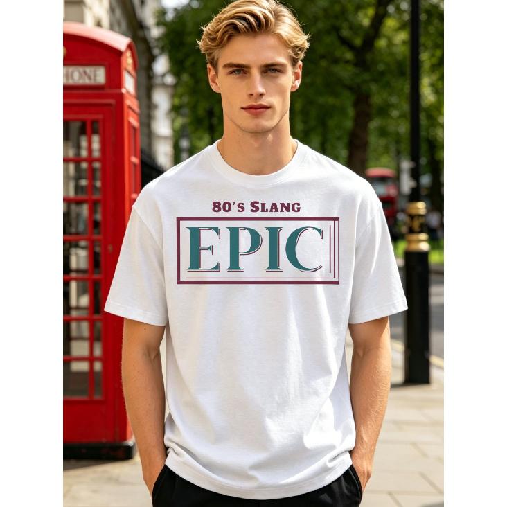 80 s Retro EPIC T-Shirt - Neon Typography Vintage 1980s Slang Shirt, Breathable Round Neck Casual Tee Suitable for Themed Parties & Casual Attire, S белый
