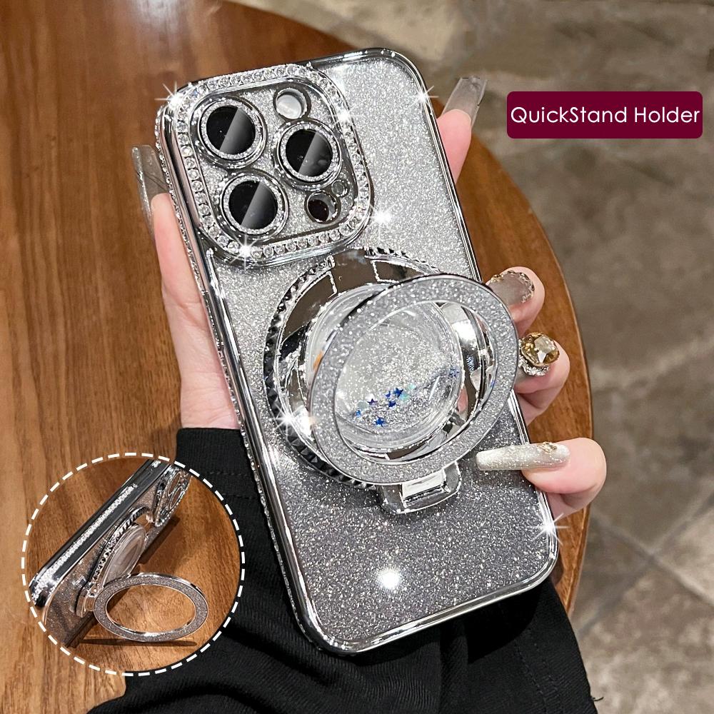 Luxury Diamond Glitter Clear Case For IPhone 15 11 12 13 14 Pro Max Plus Magsafe Magnetic Wireless Charge Quicksand Holder Cover