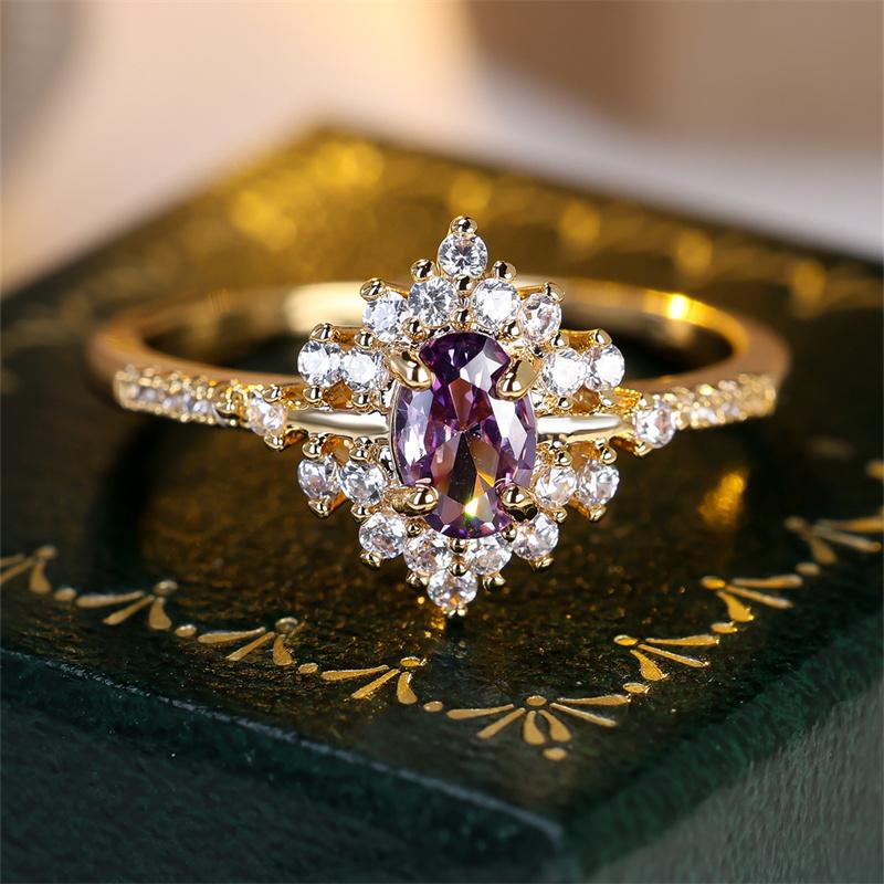 1 Buc Inel Floral cu Piatră Violetă Tăietură Ovală Culoare Aurie Verighetă Bijuterii pentru Ziua Îndrăgostiților