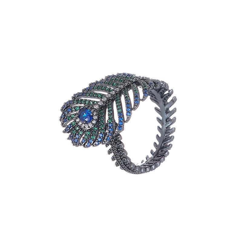Light Luxury Zircon Feather Inlaid Ring with Female Niche Temperament, Adjustable Opening, Versatile Index Finger Ring, Wristband