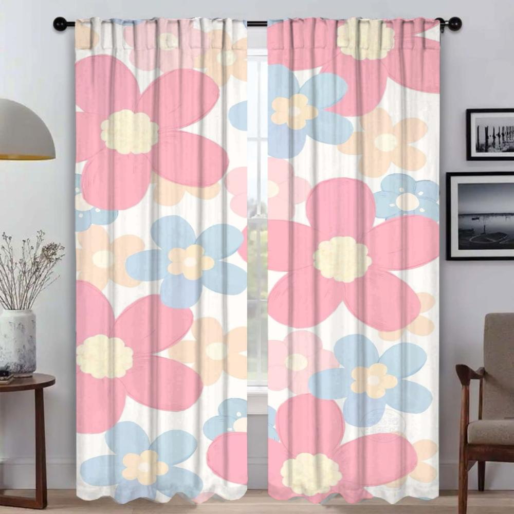 Cute Flowers Blackout Curtains 2 Pieces Window Curtain for Room 2 Panel Partition Shades Tulle for Bedroom Halloween Decoration