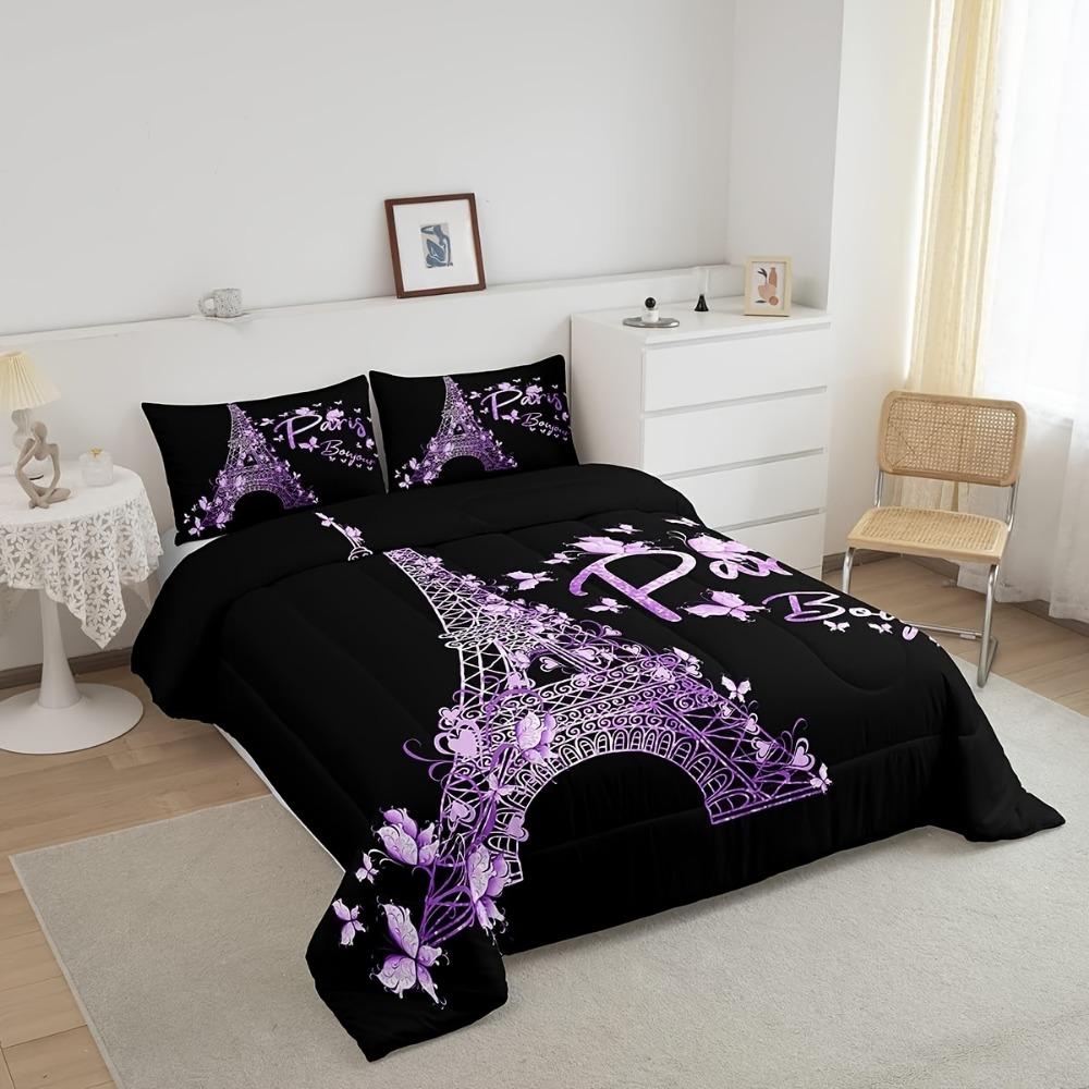Black Purple Bedding Set Paris Eiffel Tower Print Cozy Duvet Cover Set King Queen Twin Single Size Birthday Gift Bedroom Decor