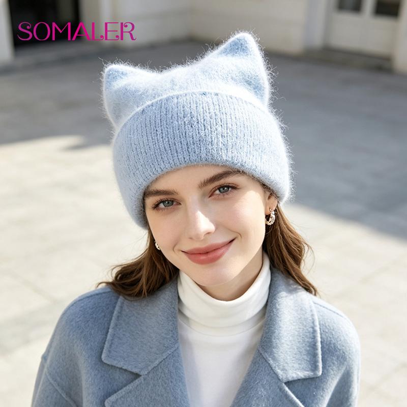 SOMALER Women's Autumn Winter Angora Knit Warm Hat with Brim and Sequin Decoration Cute Cat Design Beanie 54-58cm