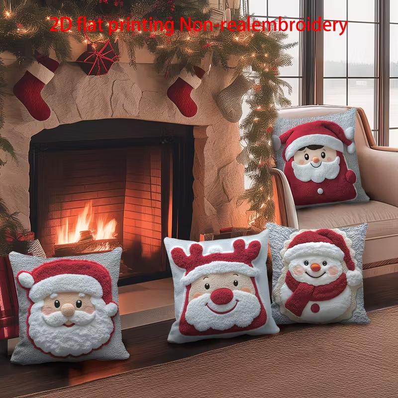 Funda De Cojín Navideña Con Estampado 2D De Pap Noel Y Patrn De Reno, Funda De Almohada De Felpa Suave Para Decoracin