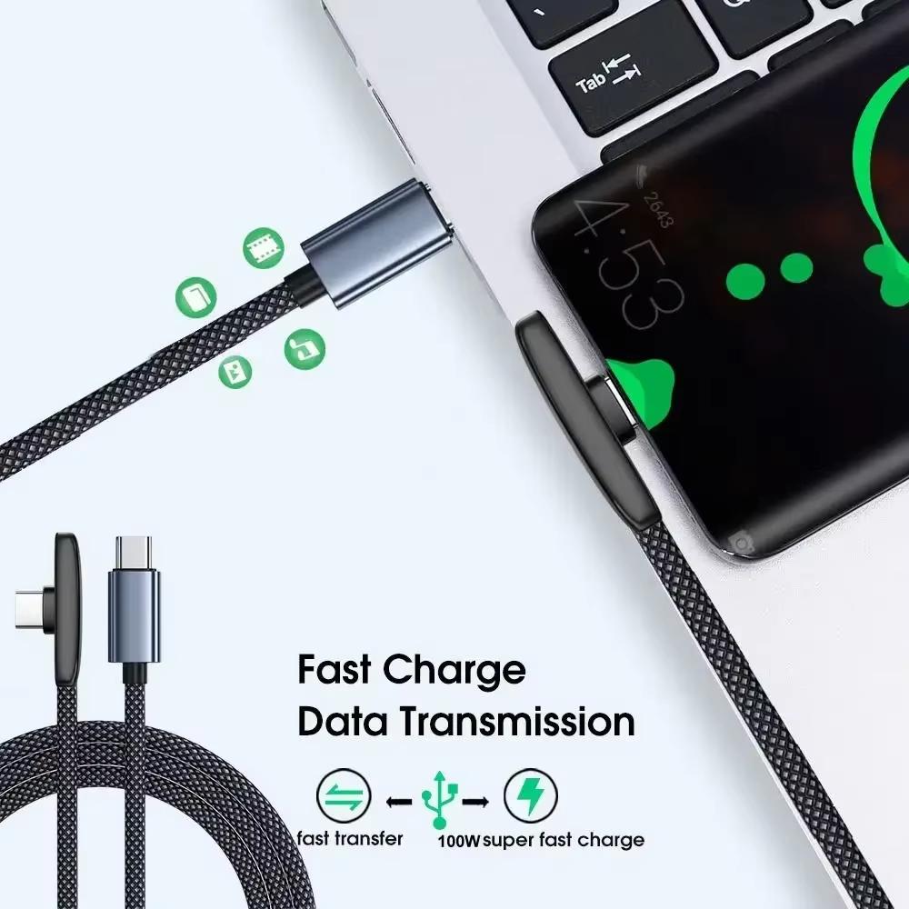 90 Degree Usb Type C Cable 60/100W Quick Charging Data Transfer Cables Portable Right Angle Usb-C Wire Type Fast Charging Cable