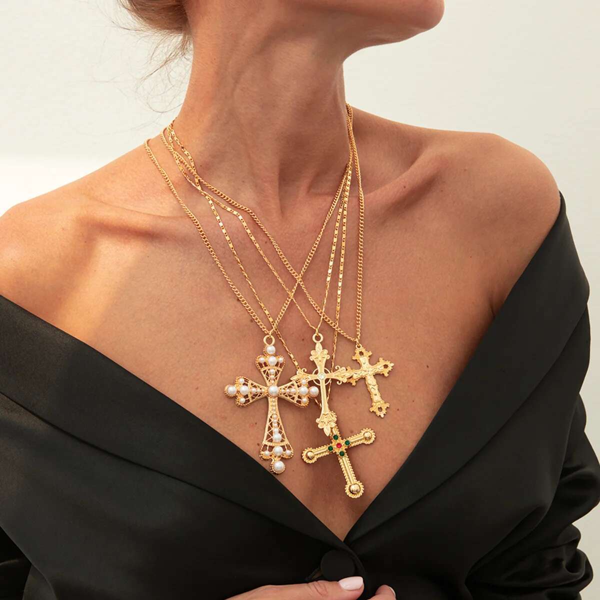 

PuRui Ретро Золотой Цвет 4 Шт./Набор Длинная Цепочка Подвеска Крест Ожерелье Женское Акриловый Страз Шарм Чокер Ожерелье Циркон Подарок