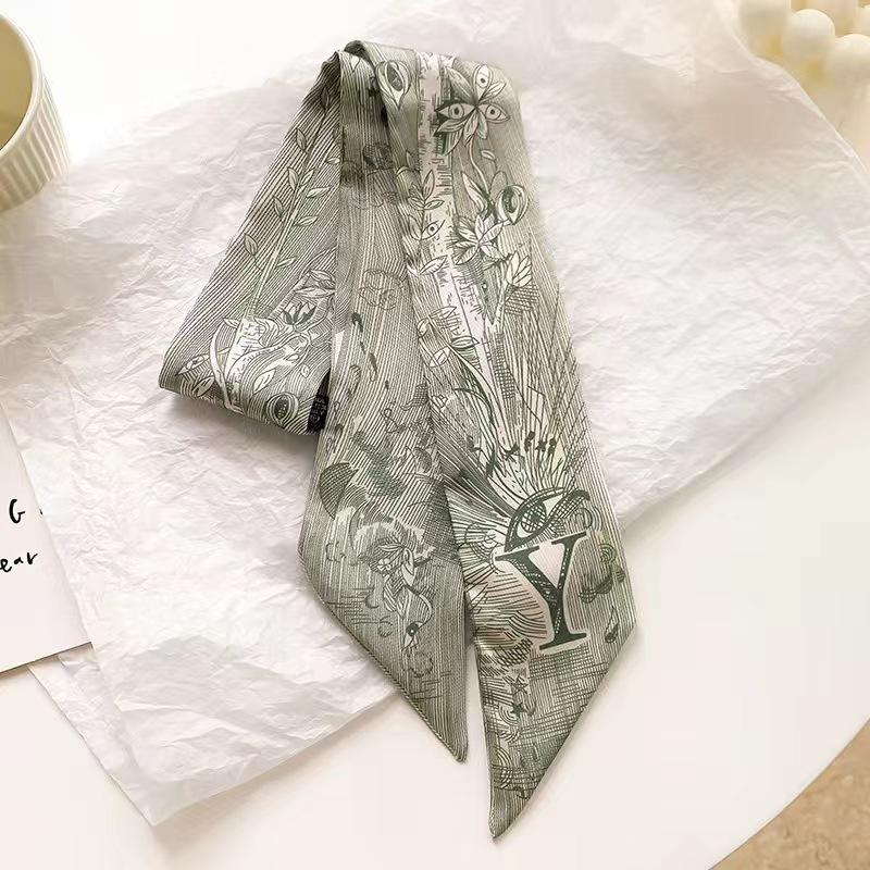 Small White And Tender Green Silk Scarf For Women, Thin Streamer, Headband, Hair Tie, Bag Decoration Long