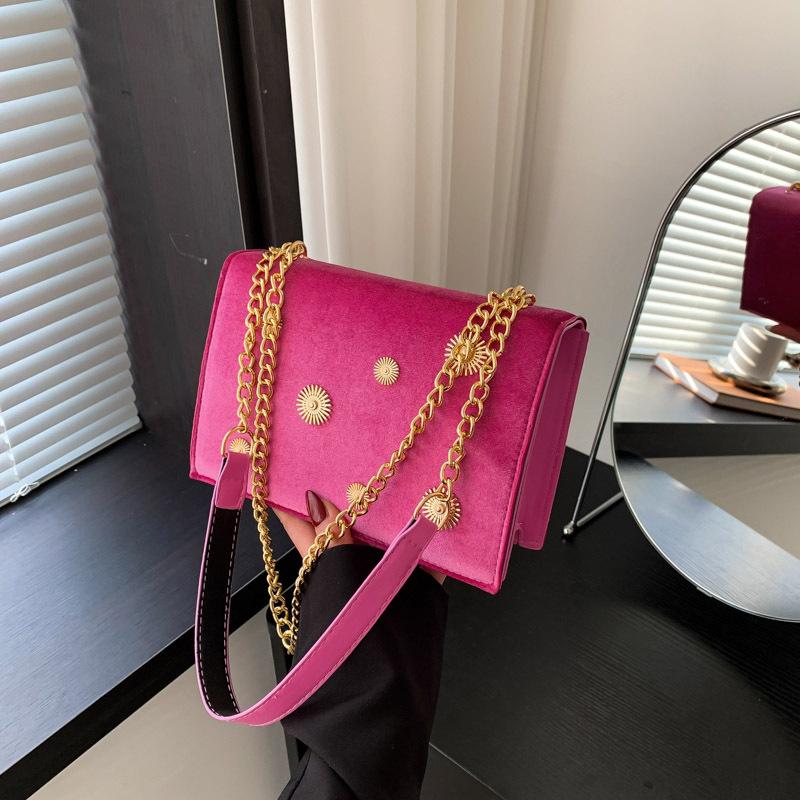 Women's Dark Green Velvet Crossbody Bag, Sunburst Stud Square Shoulder Bag with Gold Chain Strap