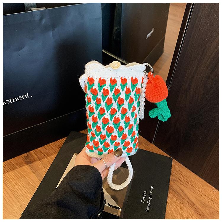 Handmade Crochet Tulip Phone Bag, Cute Color-Block Knitted Crossbody Purse for Women, Mini Shoulder Phone Pouch