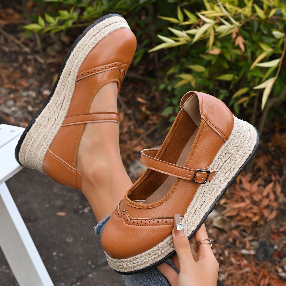 . Платформенные туфли-маффины кожаные с круглым носом ленивые одиночные туфли новый осенний соломенно-плетеный британский стиль маленькие кожаные туфли 35