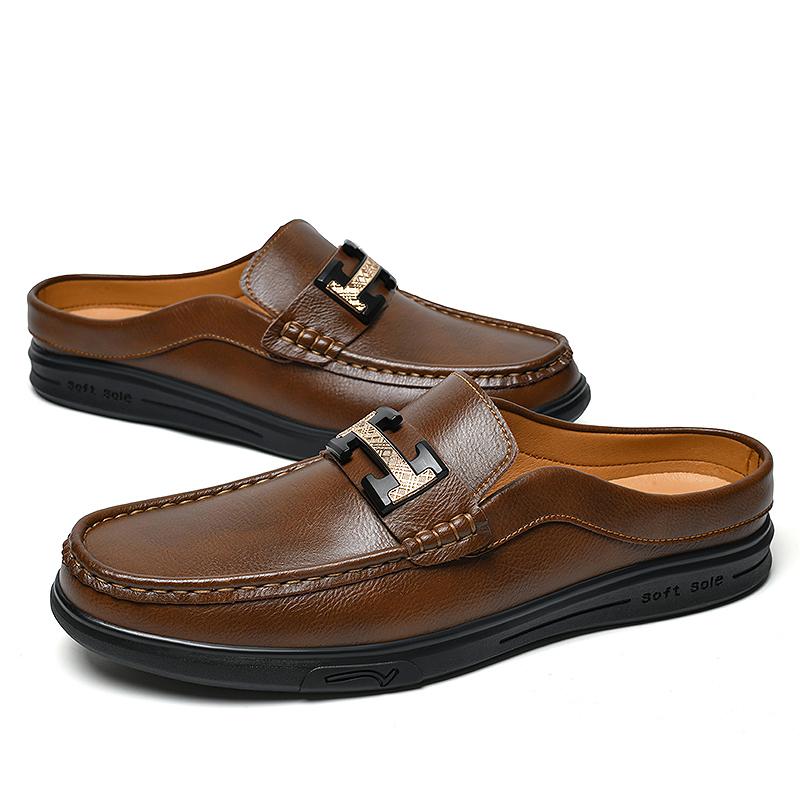 Fashion Fashion Men Walking Muller Shoes Genuine Leather Mens Half Casual Shoes Metal Buckle Slip-On Loafers Breathable Light Half Drag