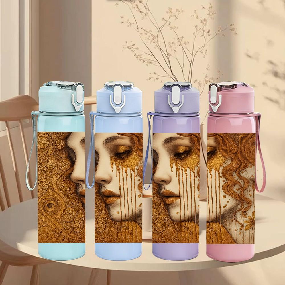 1PC Vintage Lady Face Art Pattern 750ml Color Plastic Sports Water Bottle Leakproof Flip Straw Lid Suitable for Sports Office Home Use