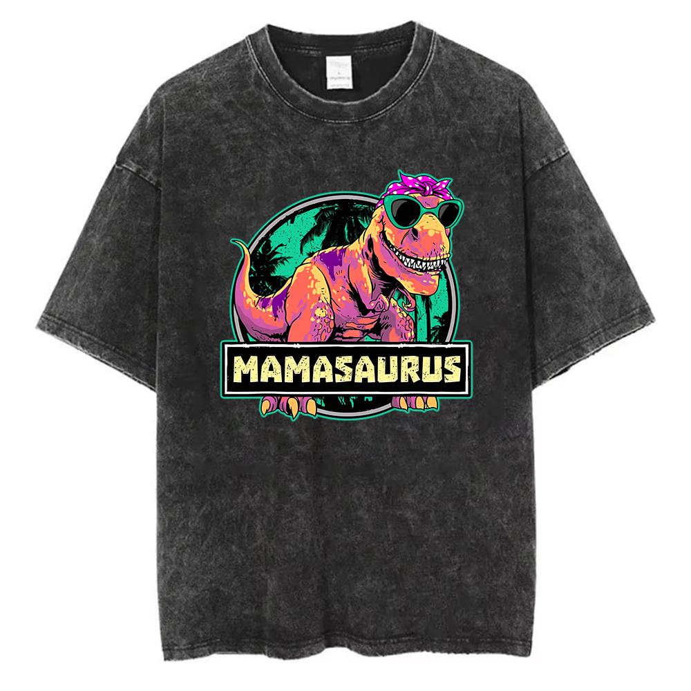 Vintage Washed Cotton TShirt Women Mamasaurus Graphic Tee Mothers Day Gift Acid Wash Retro Dinosaur Streetwear Top
