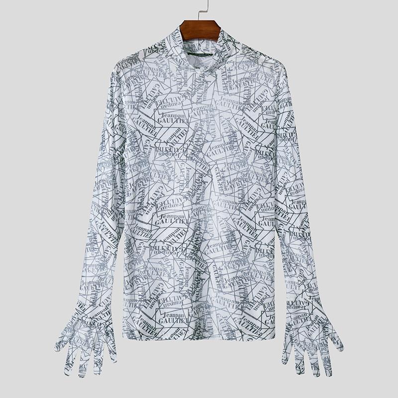 

INCERUN Мужские футболки с длинным рукавом и принтом, тонкие, с воротником-стойкой, прозрачные XL чёрный