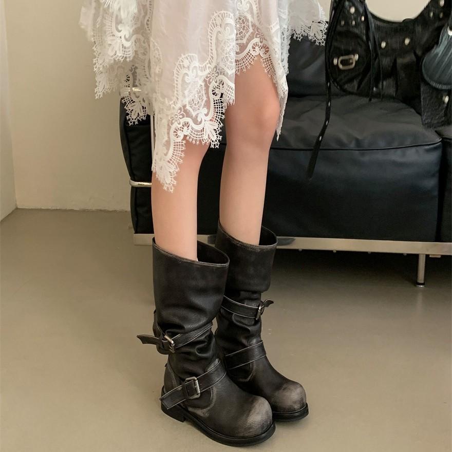~ Soft leather thick-soled double-buckle retro belt buckle rubbed long boots women's spring medium and high boots knight boots