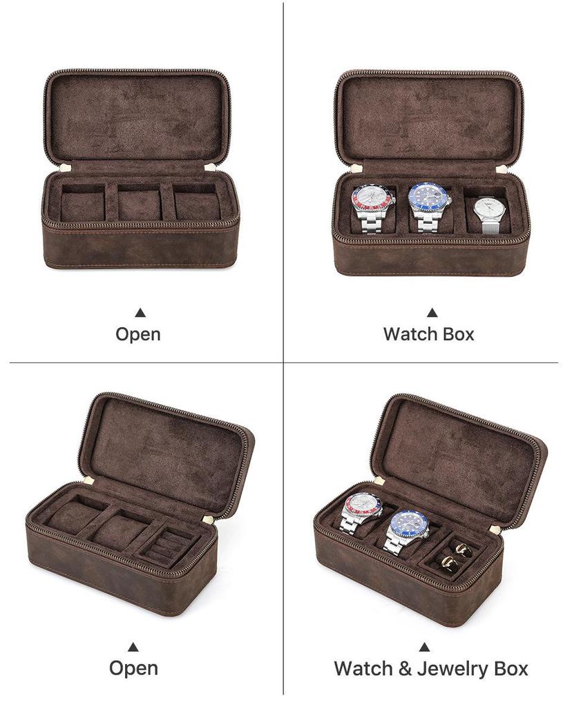 Vintage Crazy Horse Leather Watch and Jewelry Travel Box - Genuine Three-Piece Storage, Portable Ornament Gift Case.