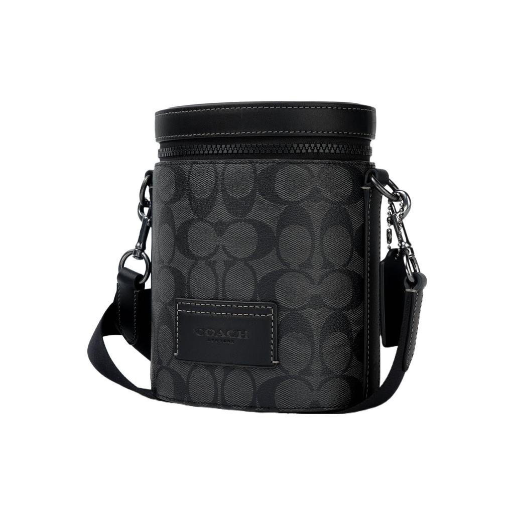 New COACH Barrel Cow Leather Patchwork With Artificial Leather Shoulder Bag Crossbody Bag Small Size Men's Black C9843-QBO4G