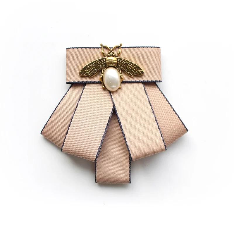 

Korean Fabric Bow Tie Brooches Women Suit Shirt Collar Pearl Crystal Beee Lapel Pins Casual British Style Neckties Men s Jewelry
