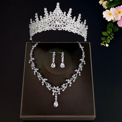 New Bridal Tiara Crown Three Piece Set  Wedding Necklace Earrings Crystal Set  Wedding Accessories