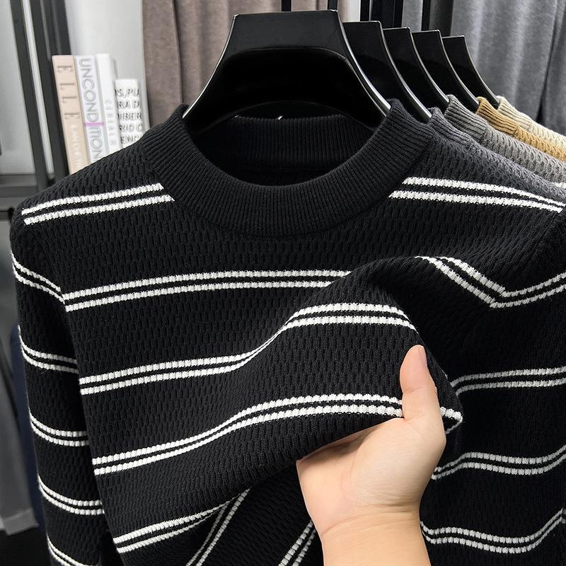Men's Striped Knitwear: 2025 Autumn/Winter Collection - Stretchy, Thick, Versatile, Casual Round Neck Base Layer
