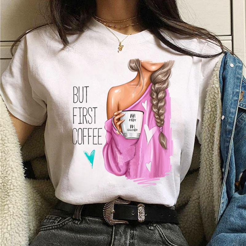 Summer Fashion Coffee Girl Urban Base Shirt Round Neck Pure Cotton Short Sleeved Women's T-Shirts Women’s