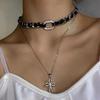 Punk Exquisite Shiny Zircon Hollowed-out Cross Pendant Double-layered Black Rope Metal Chain Winding Necklace for Women Jewelry