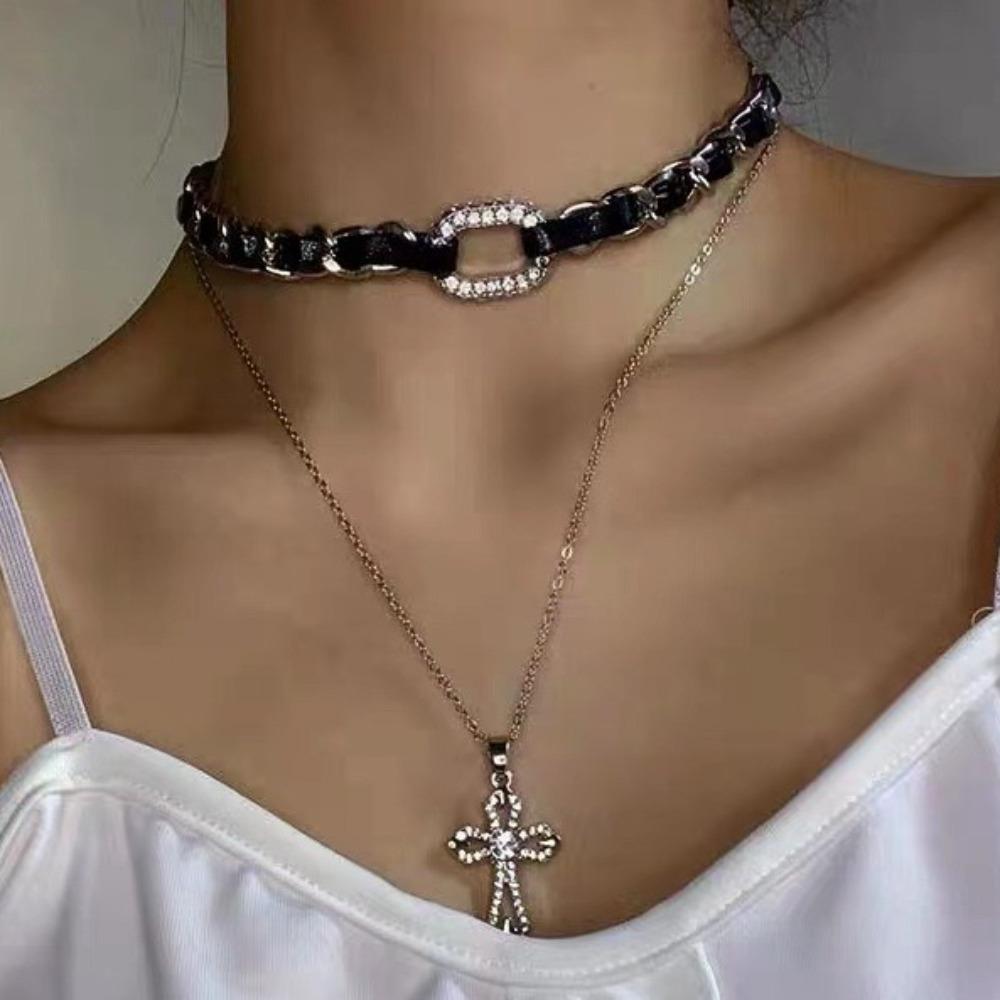 Punk Exquisite Shiny Zircon Hollowed-out Cross Pendant Double-layered Black Rope Metal Chain Winding Necklace for Women Jewelry