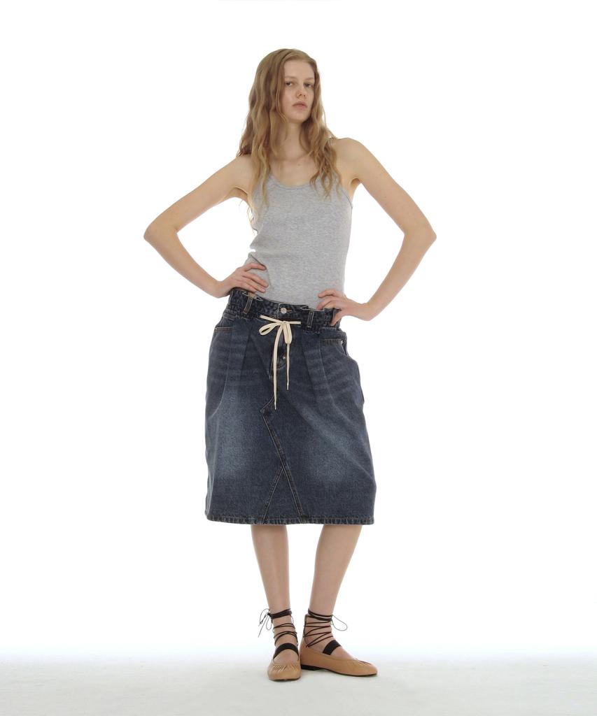 Partimento Woman Drawstring Denim Midi Skirt_Mid Blue