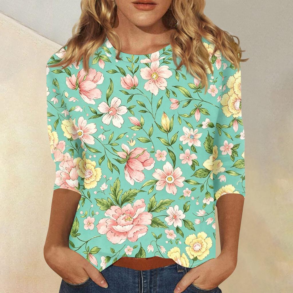 Women's Casual Floral Print Three Quarter Sleeve Top Round Neck Lightweight Blouse for Daily Wear and Comfortable Fit