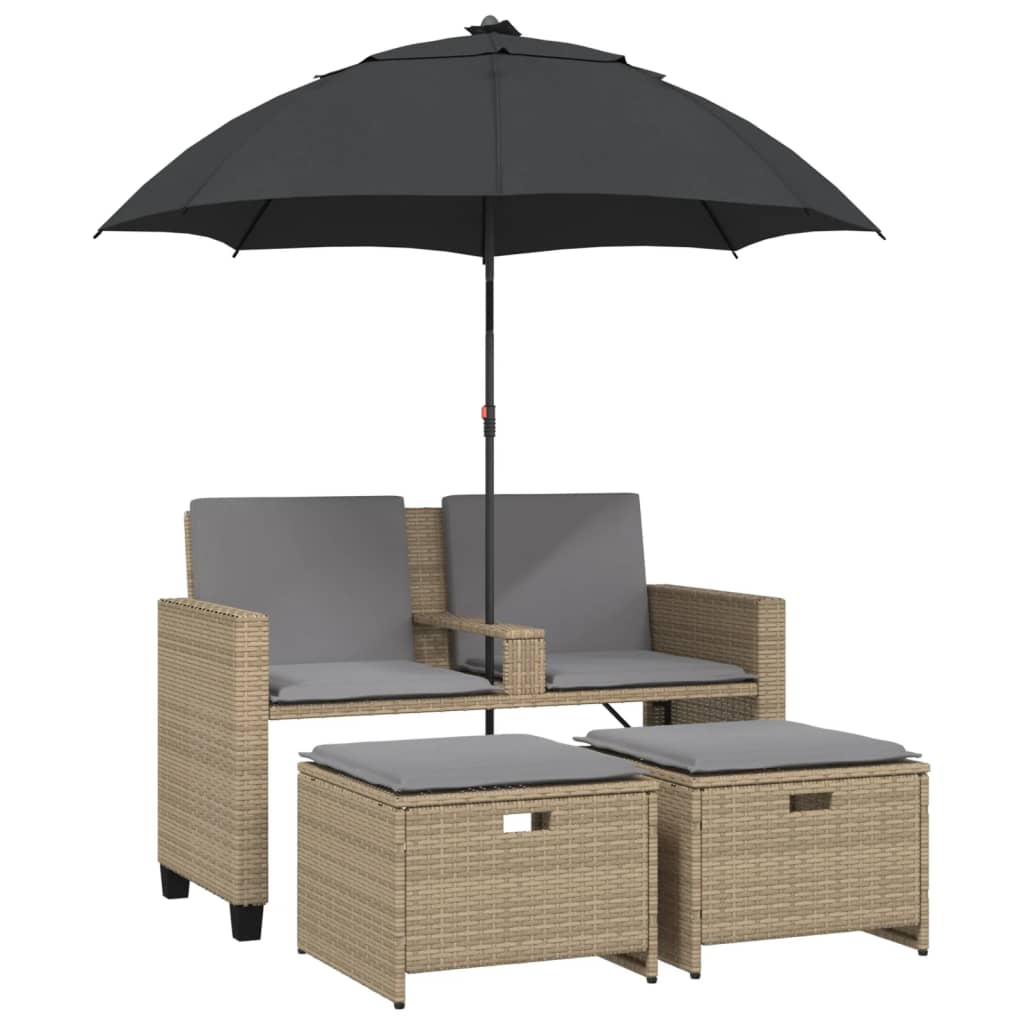 2 Seater Garden Sofa with Sun Umbrella and Footstools Beige Poly Rattan