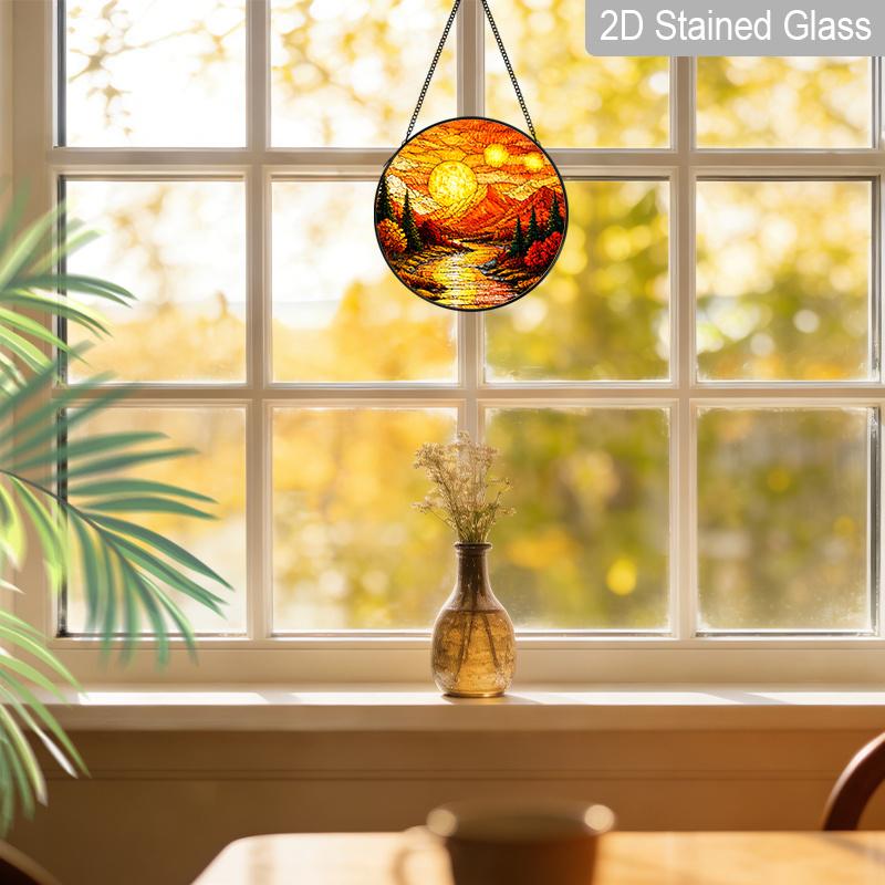 1pc 2D Flat Mountain Sunset Suncatcher Stained Glass Window Hanging, Rustic Mountain Landscape Sun Catchers Indoor Window Glass Wall Art Decor