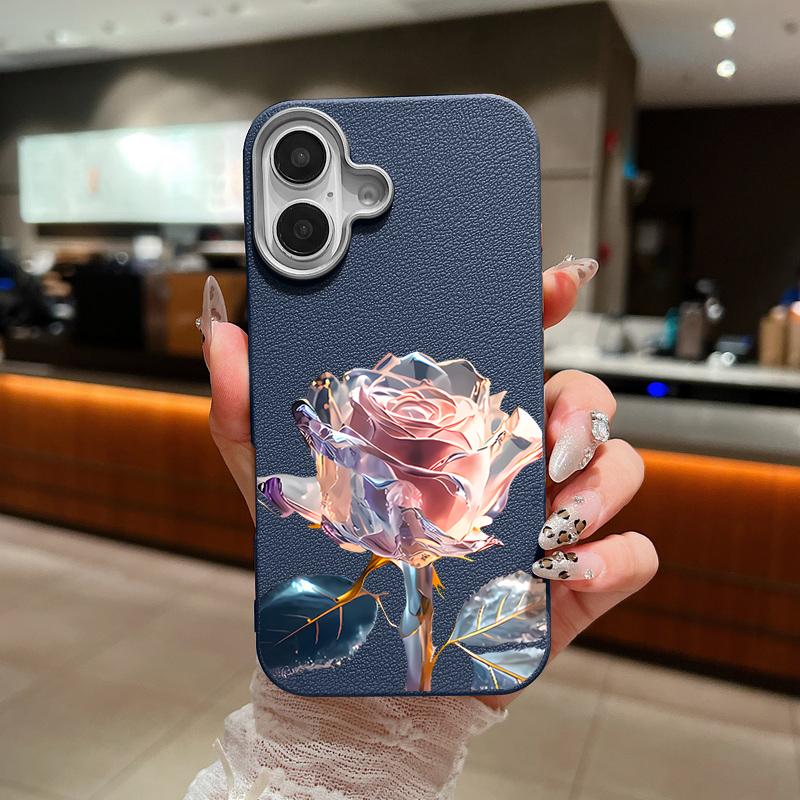 

Мягкий матовый чехол из ТПУ с цветочным принтом и кристаллами для iPhone 16 Pro Max 15 Plus 14 Pro 13 12 11, кожаная текстура, тонкий противоударный чехол-бампер iPhone 11 синий