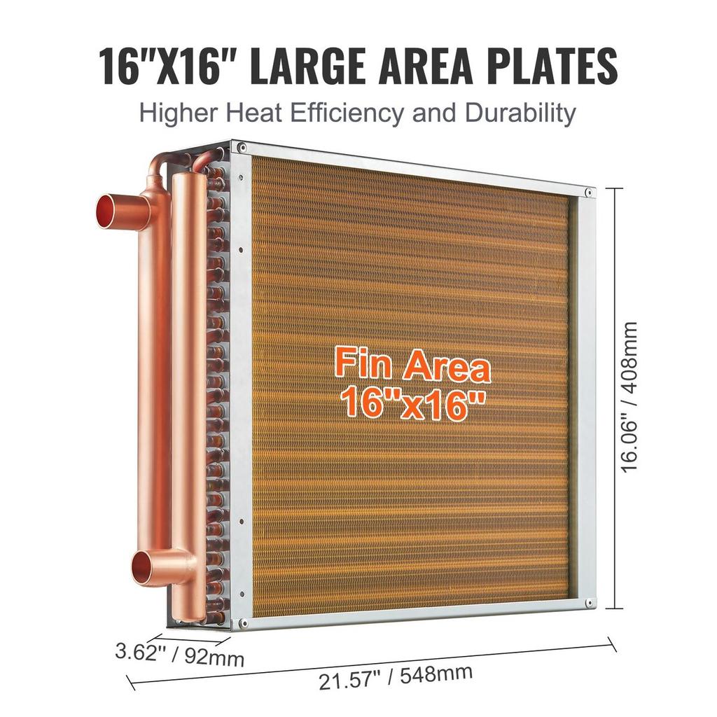 16"x 16" Heat Exchanger Water to Air 3-Row 3/8" Copper Ports 193 Fins