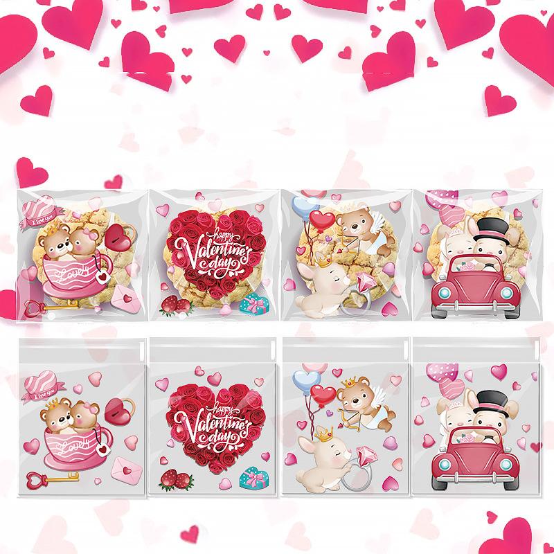 50/100pc Valentine's Day Cartoon Pattern Heart-shaped Transparent Glass Paper Bag Valentine's Day Happy Party Packaging Supplies