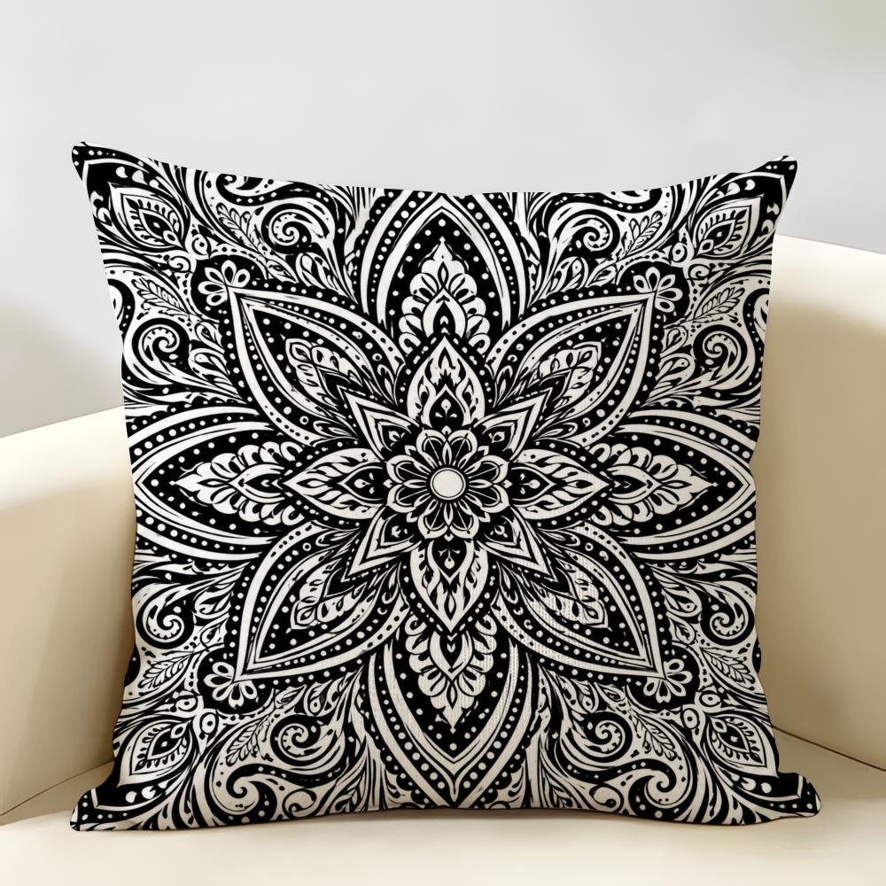 Black And White Mandala Cushion Cover Durable Hypoallergenic Organic Linen Pillow Cover Short Size Washable Skin-Friendly