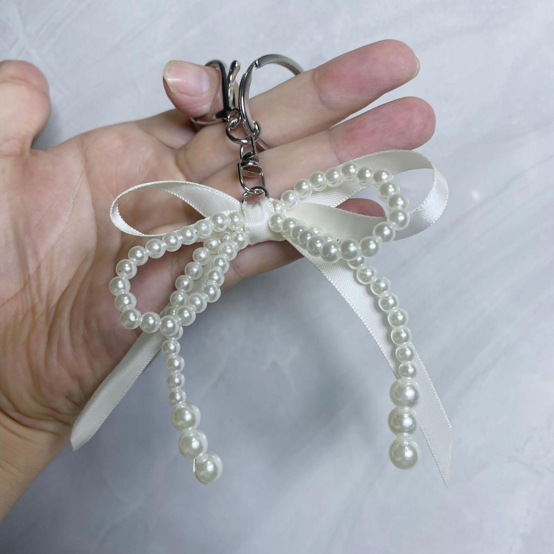Pearl Pendant Ribbon Bow Keychain & Phone Lanyard – Girly Bag Charm Ornament