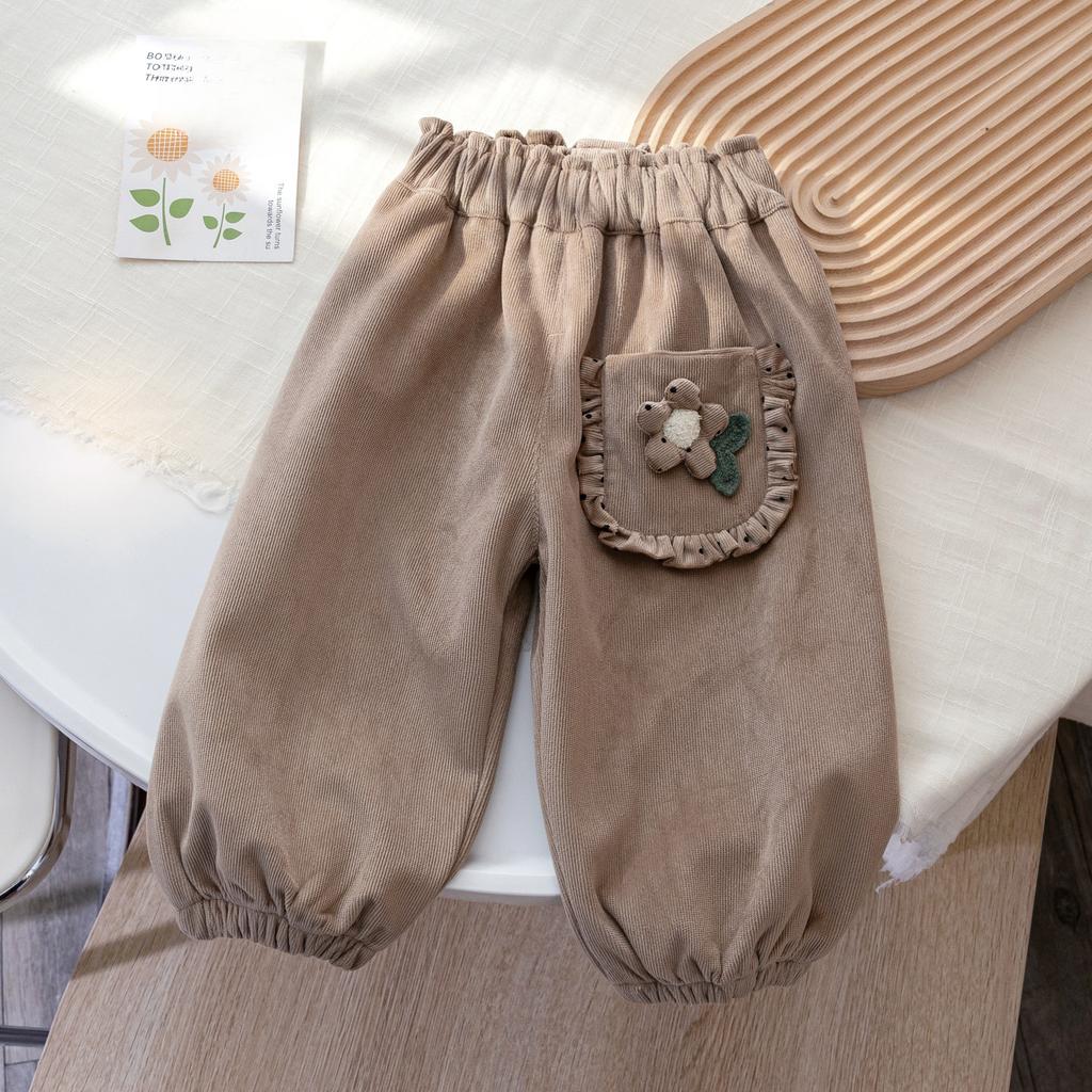 Girls' Autumn Casual Pants Three-dimensional Flower Korean Lace Leg Tied Pants Baby Spring and Autumn Versatile Pants