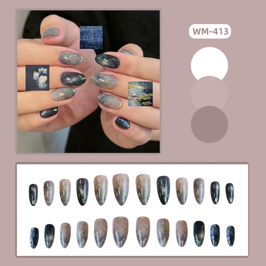 24pcs Fashion Almond Press on Nails 2D Starnight Printed False nails European Fairy Tales Style Fake Nail Patches Wearable