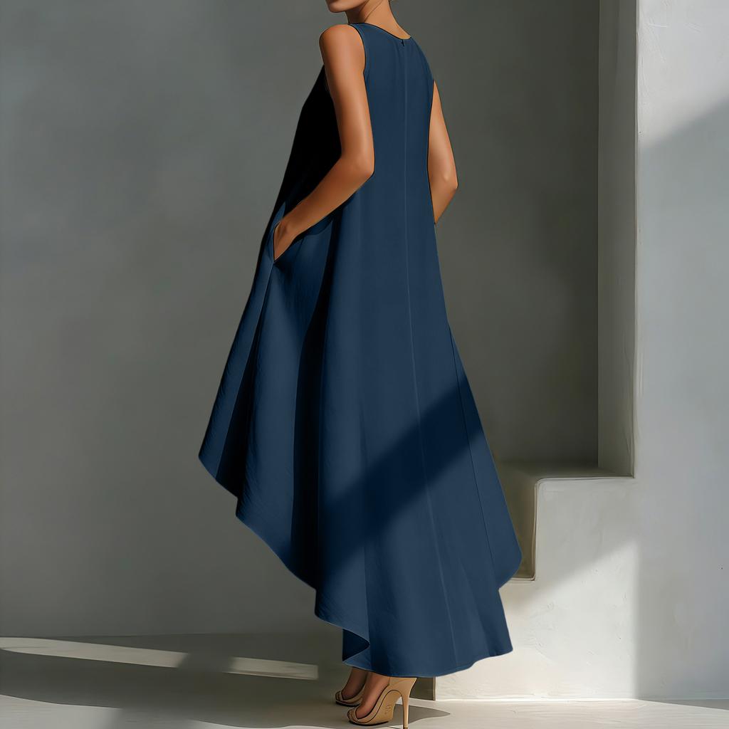 Women's Color Cotton Linen Irregular Sleeveless Dress With Short Front And Long Back