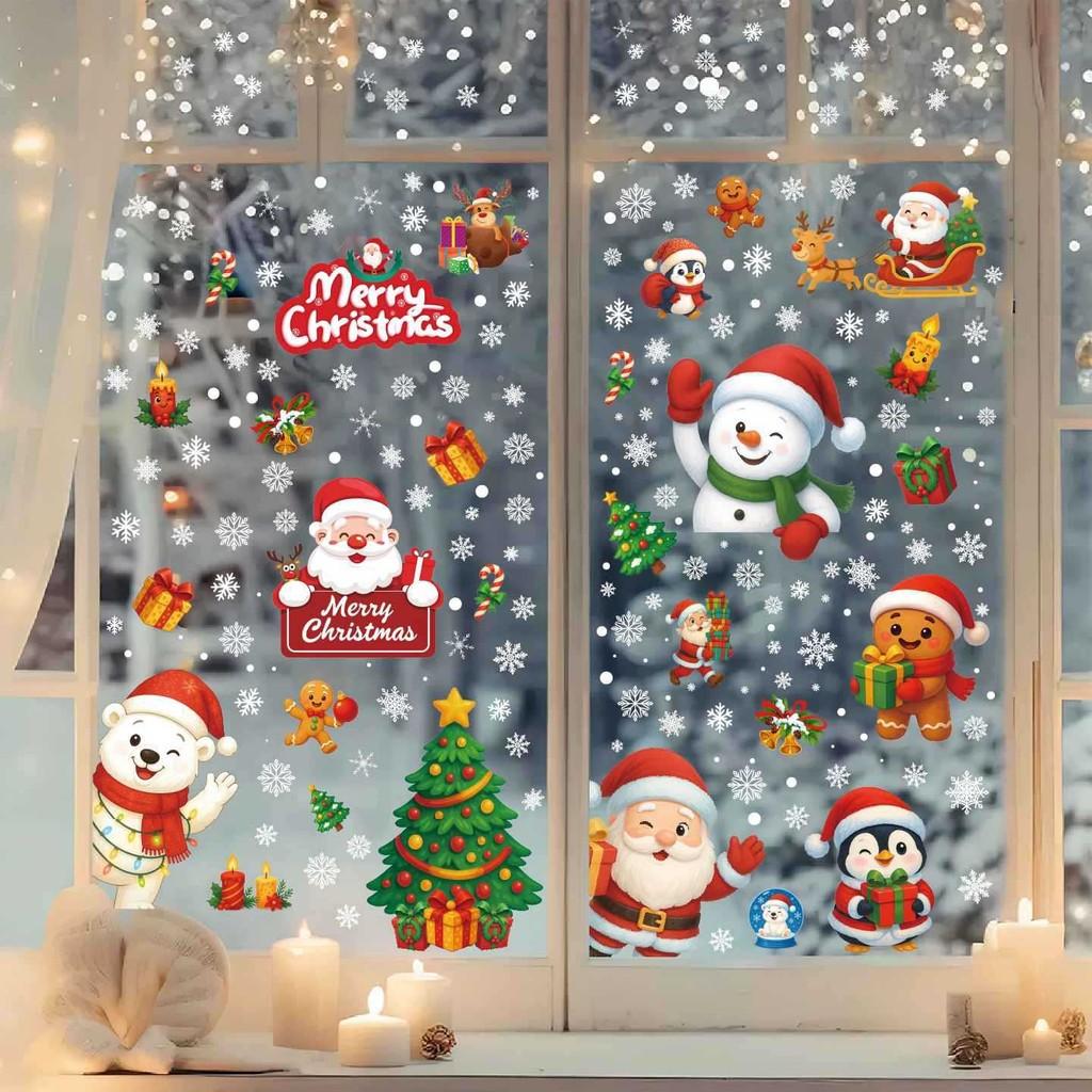 Pvc Christmas Festive Decals Decoration With Santa Reindeer Snowflake Snowman