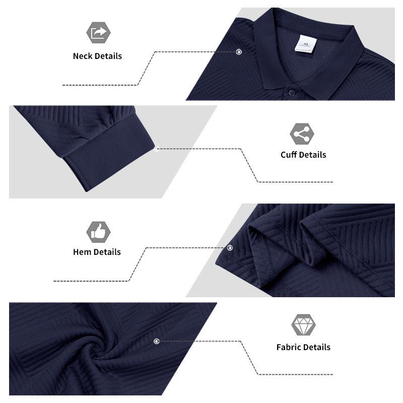 New Men's Solid-Colour Relaxed-Fit Casual Polo Shirt Long-Sleeved Button-Down Collar Jacquard Textured Sweatshirt